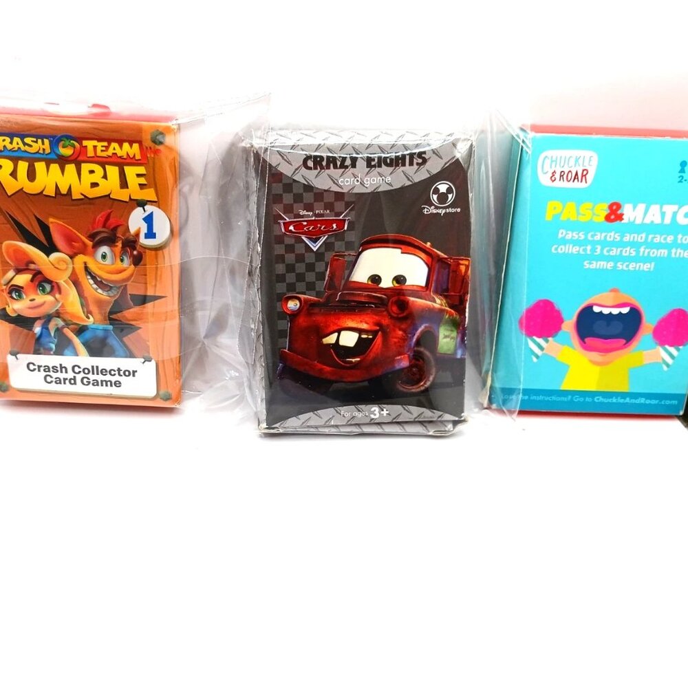 Kids Card Games Lot Of 3 Crazy Eights Cars, Pass N Match,Crash + Rumble New